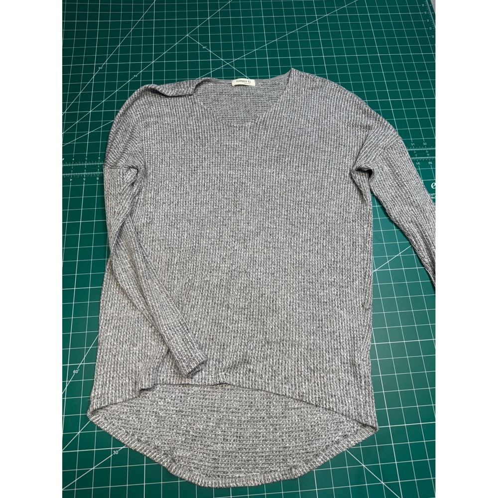 Ginger G Womens Grey V-Neck High Low Waffle Knit Long Sleeve Top Size M 4019PS